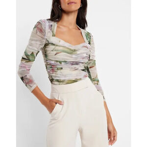 Express Body Contour Cropped Top Size L Womans Pink Floral Mesh Long Sleeve Y2K